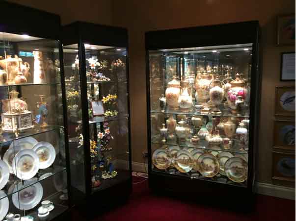 The porcelain collection at the Stokes Museum displayed in Showfront's hand-crafted museum display cases.