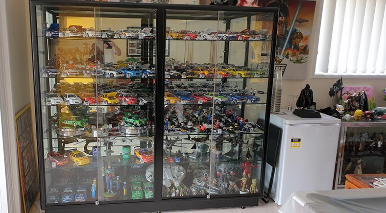 Dylan’s model race car collection looks amazing in a Showfront TGL 2000 display cabinet.