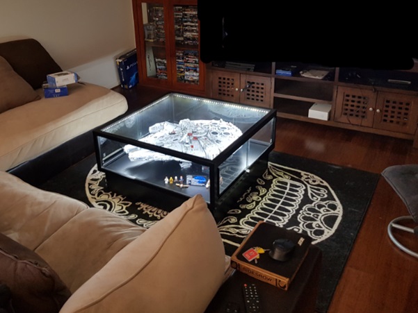 Custom coffee table Lego display case takes pride of place in the living room