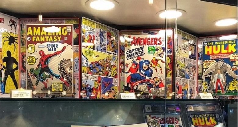 Marvel comic books displayed in a comic book cabinet from Showfront