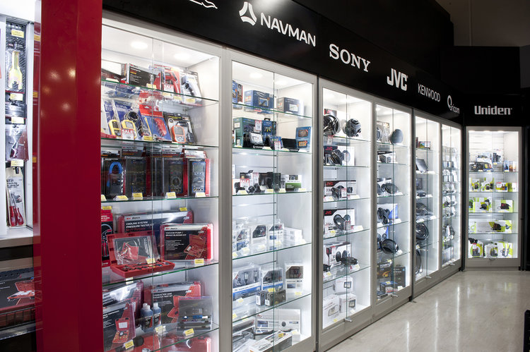 Modern tech store display cabinets and shelving designed and installed by Showfront.
