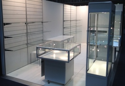White Hire Display Cabinets on the display stand by Showfront