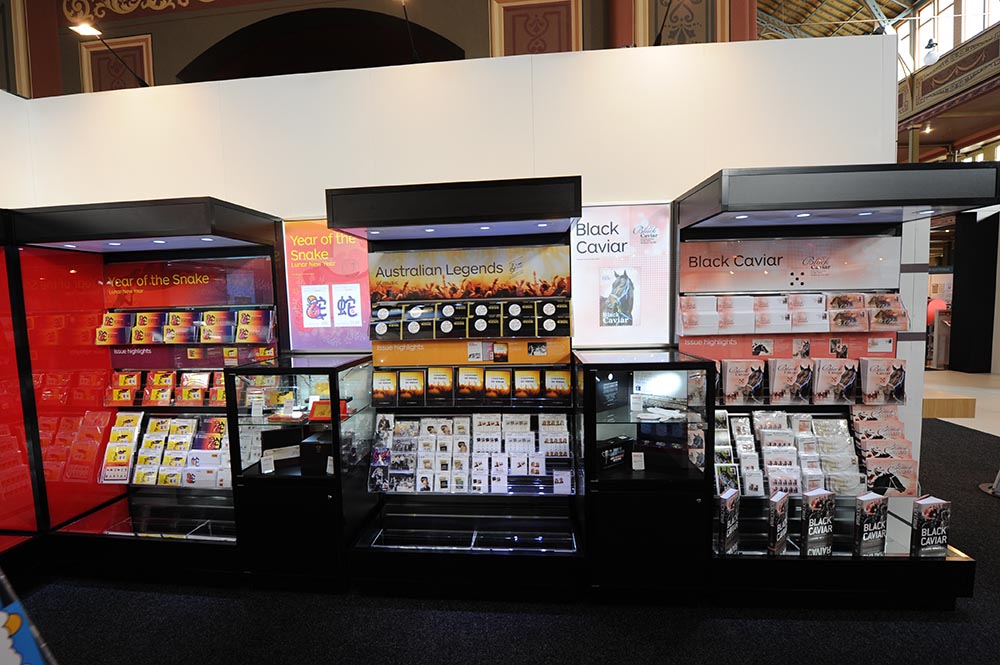 Black Slatwall Display Unit at Australia Post Exhibition for launch of Black Caviar Stamp 