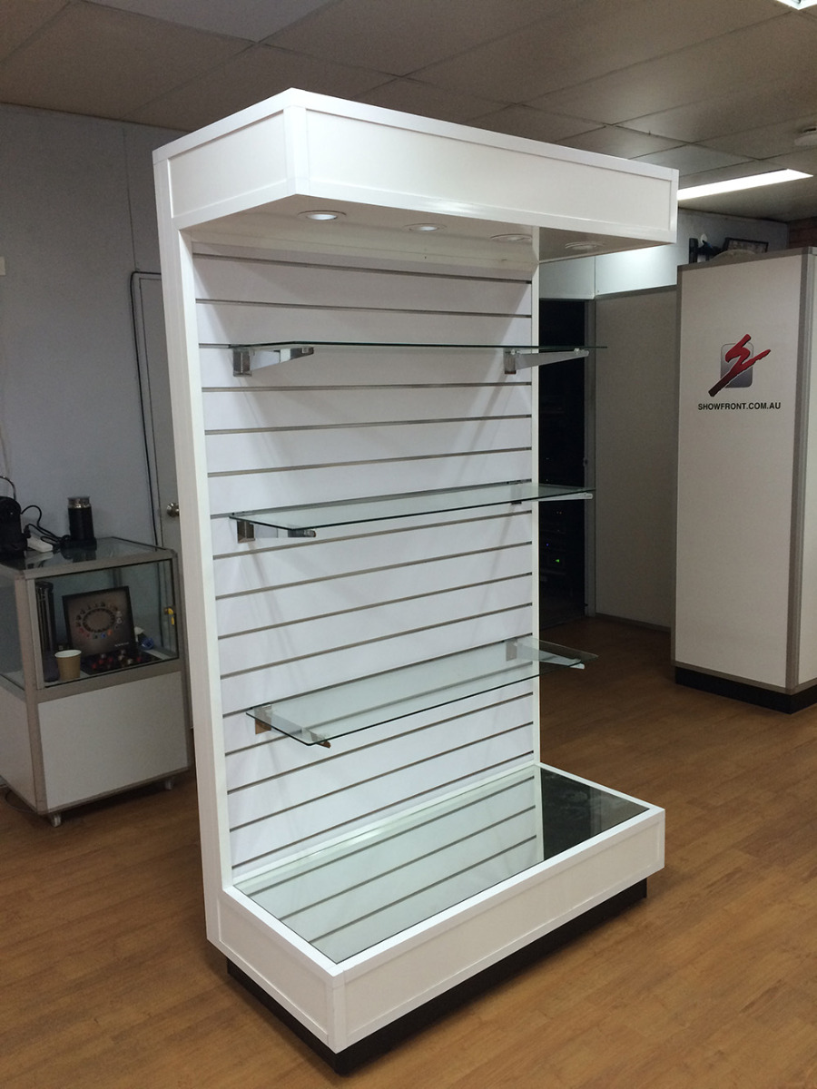 Slatwall Display Unit with LED Downlights and mirror at bottom 