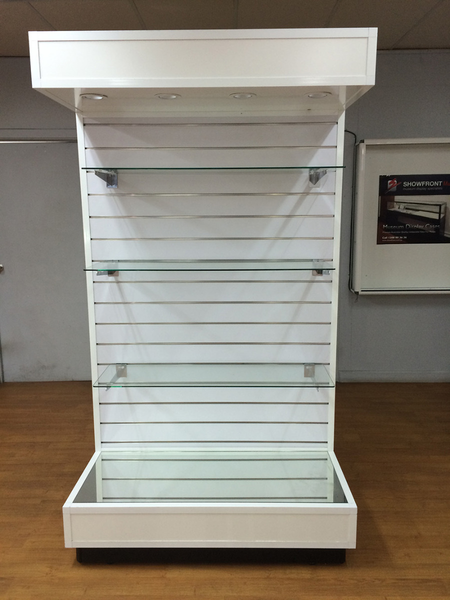 Slatwall Display Unit with LED Downlights and mirror at bottom2