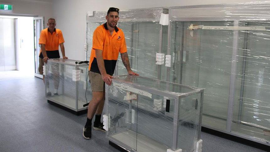 The new Gladstone Maritime Museum display cabinets manufactured by Showfront being installed. Picture: Rodney Stevens.